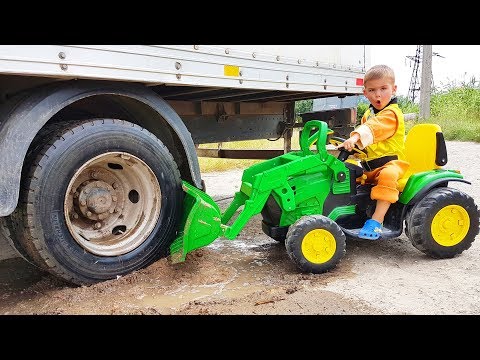 FUNNY BABY Big Truck stuck in the mud Paw Patrol Ride On POWER WHEEL Tractor Excavator