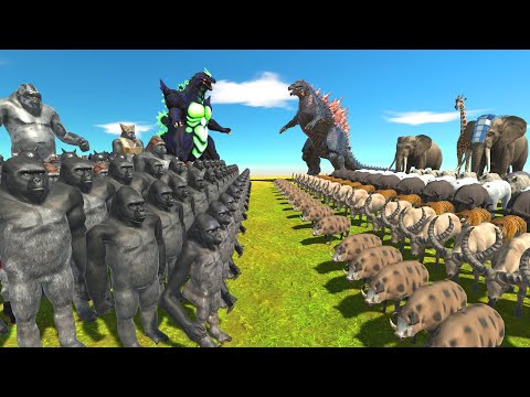 Super Godzilla + Mutant Primates vs Gojira Godzilla + Animals - Animal Revolt Battle Simulator