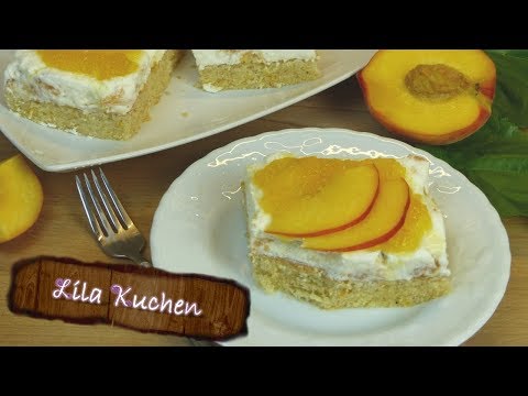 Pfirsichkuchen vom Blech | Pfirsichschnitten Rezept mit Joghurt Sahne Creme | Joghurtschnitten