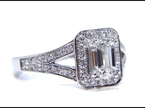 Platinum Emerald Split Shoulder Halo Diamond Engagement Ring 1.41ct