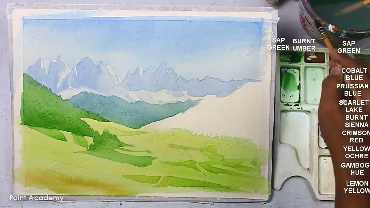 Watercolor Painting - Mountains and the Valley | step by step coloring