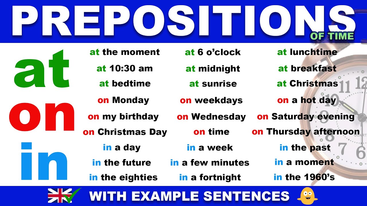 PREPOSITIONS OF TIME in English - AT, ON + IN (with example sentences)