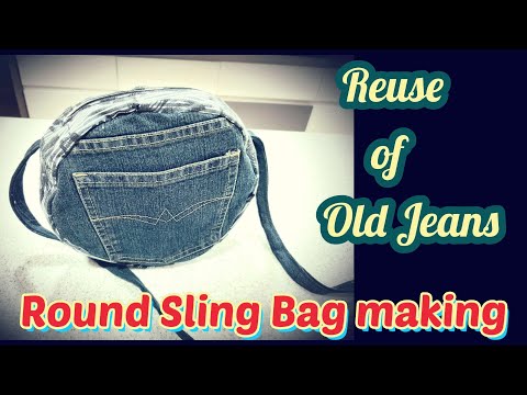 Round sling bag cutting and stitching/Reuse of old jeans/with one pocket/two zips attached