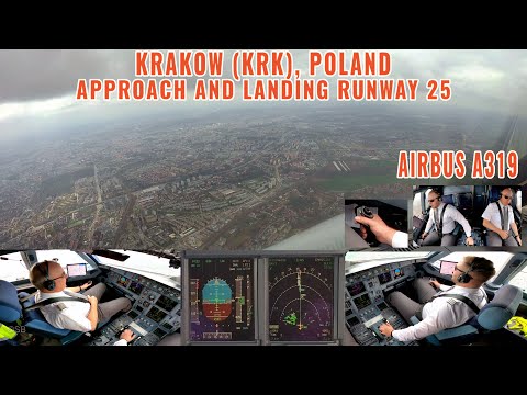 KRAKÓW (KRK): Airbus A319 | Pełne podejście + pas startowy 25 | Widok z kokpitu + pilotów | 5 kamer