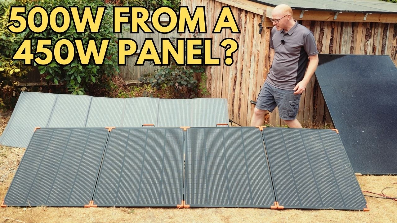 Three portable solar panels set up side by side on grass for a comparison test