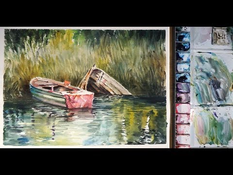 Watercolor Painting : Old wooden boat near the lake bank