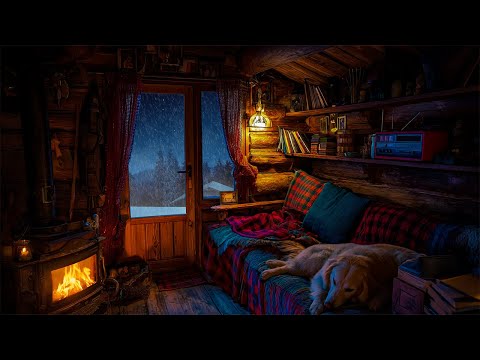 Winter Storm & Fireplace Sounds in a Wooden Cabin – Cozy Night for Deep Sleep and Peaceful Dreams