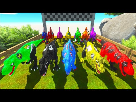 x5 T-rex VS x5 Spinosaurus Superheroes Speed Race - Animal Revolt Battle Simulator
