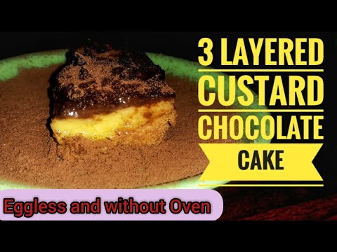 3 Layered Custard Chocolate Cake without Oven | Eggless Custard Chocolate Cake - by Bharani Priya