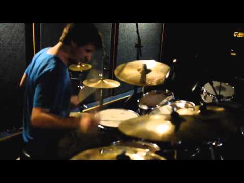 Andrew Scott playing the drums after recording Kirsty Keatch's album tracks.