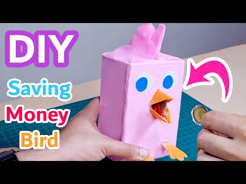 DIY Bird Money Bank with eating coins mechanism .. saving money pink angry bird box "Stella"