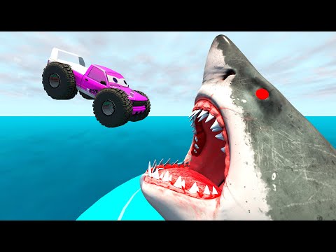 Jumping Cars into the Giant Mouth of hungry Shark - BeamNG.Drive