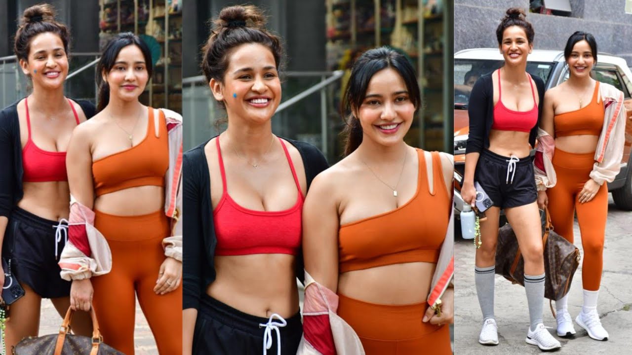 Neha Sharma style, Aisha Sharma fashion, Sharma sisters sports bra, celebrity street style, gym outfits, Bollywood paparazzi, viral celebrity photos