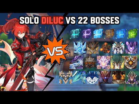 Solo C3 Diluc vs 22 Bosses Without Food Buff | Genshin Impact
