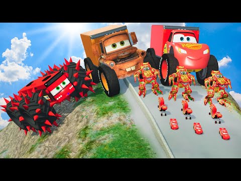 Epic Battle Big & Small Lightning McQueen VS Small Pixar Cars with Big Wheels in BeamNG.Drive