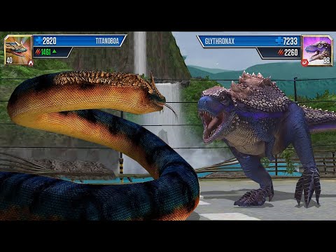 TITANOBOA VS GLYTHRONAX - JURASSIC DINOSAUR BATTLE || JURASSIC WORLD THE GAME