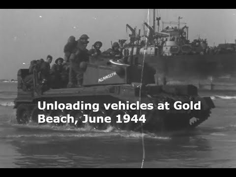 Unloading vehicles at Gold Beach, June 1944