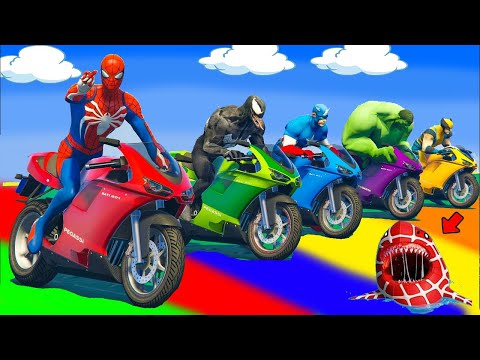 SPIDER MAN Takes on Spiral Bridge Stunt Ride on Motorcycle🦺🥽بطال الخارقين على القضبان دوامة قمع جس