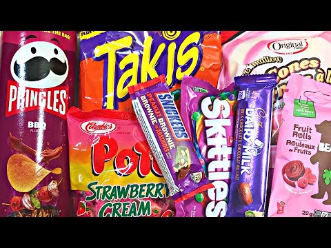 New! Opening a lot of candy, Pringles, Snickers, Skittles, Takis, Chocolate ASMR 海外お菓子