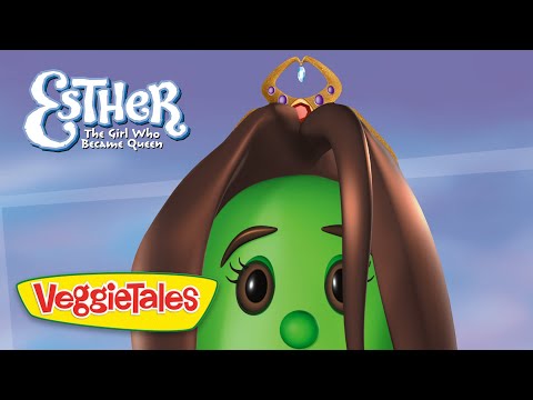 VeggieTales banner featuring Esther, a green veggie with brown hair and a crown, with the title 'Esther The Girl Who Became Queen' against a blue sky background.