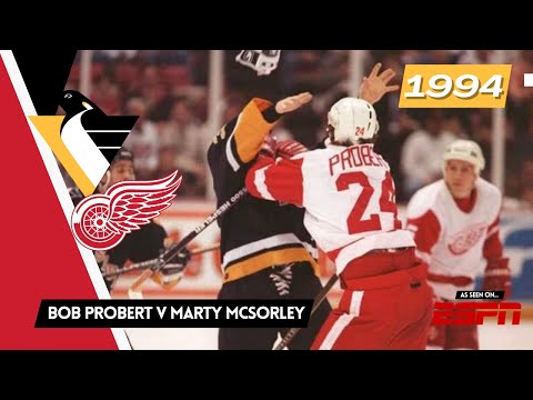 1993-94 - Penguins @ Red Wings - Marty McSorley vs Bob Probert