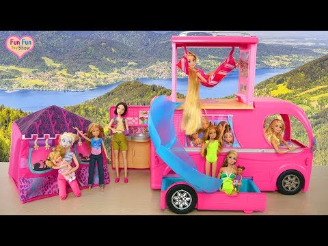 Barbie Pop Up Camper with Water Slide boneka Barbie Kemping mainan Barbie Campista brinquedo