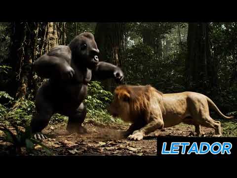 “A gorilla is fighting with a lion in the forest ”