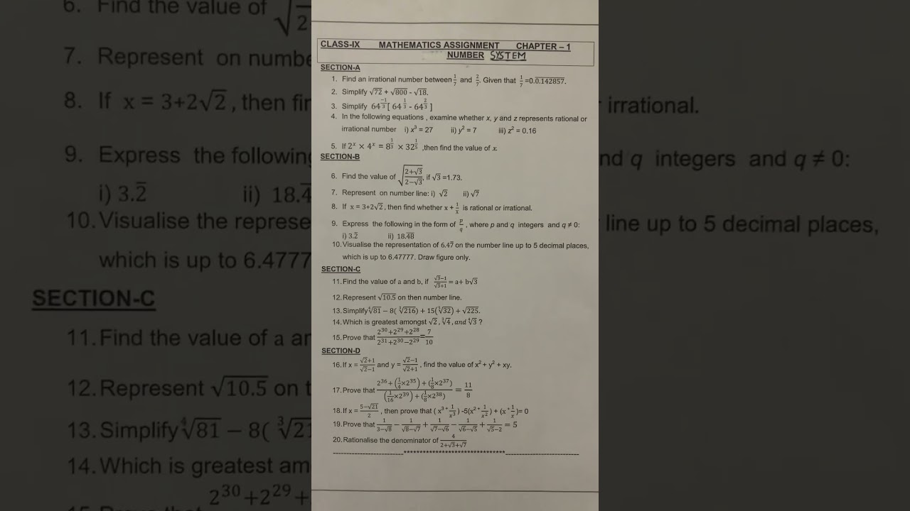 Important Questions For Class 9 Maths Ch- 1 Number System for Examination 2023