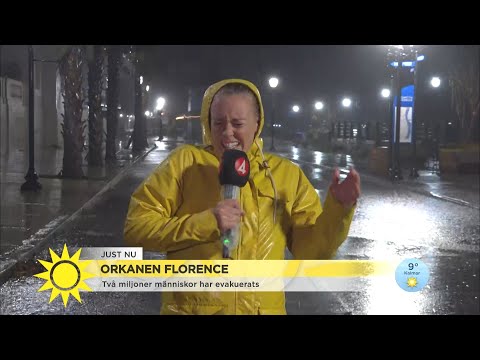 Här blåser TV4-reportern nästan bort i orkanen Florence - Nyhetsmorgon (TV4)
