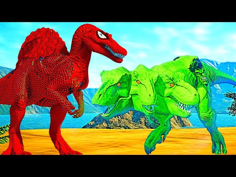 Green Hulk Tyrannosaurus Rex Vs Spiderman I-Rex Vs Spinosaurus Jurassic World Evolution Dino Fight