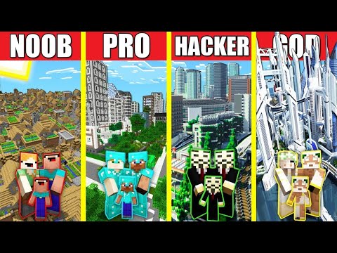 Minecraft Battle: CITY BUILD CHALLENGE - NOOB vs PRO vs HACKER vs GOD / Animation MODERN HOUSE