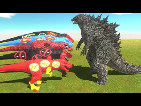 5x Super Heroes T-Rex Death Run vs Godzilla - Animal Revolt Battle Simulator