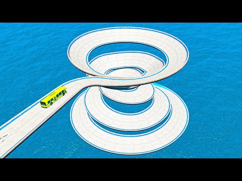 Impossible Spiral Yoyo Bridge Crossing Stunt Cars Vs Cliff and Deep Water - BeamNG.Drive