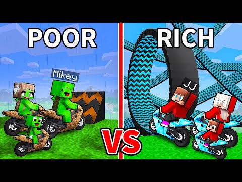 JJ and MIkwy: POOR vs RICH Trampoline Motorcycle Family Battle in Minecraft - Maizen