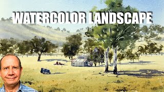 Watercolor landscape painting. Complete step-by-step watercolour painting lesson. Trees, hills, cows