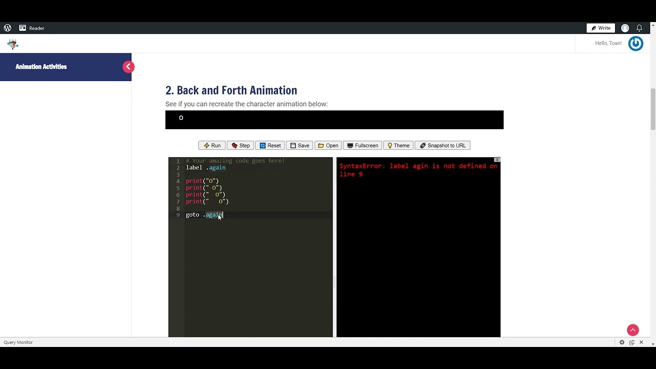 Intro to Coding - Animation Activities, Q2: Horizontal Animation
