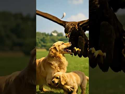 Series#007 Golden Retriever Defending Puppy Against Eagle in a Grassland