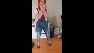 Girl pees in overalls