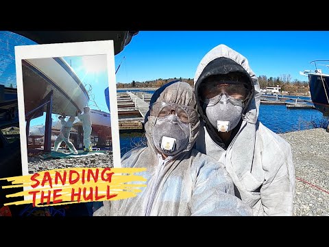 BOAT WORK, Sanding our HULL & KEEL (Tanzer 26 Sailboat)  - Beginner Sailors S2EP2