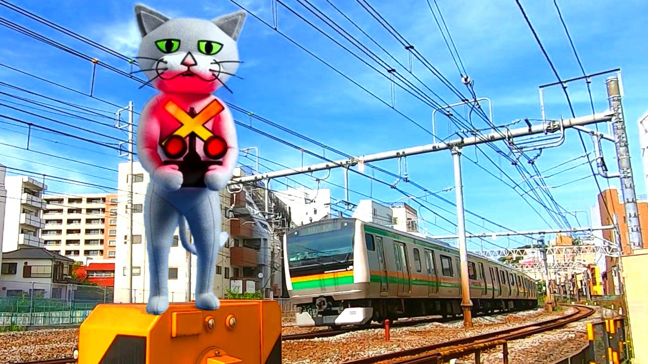 【電車】おもしろい踏切 信号 Funny railroad crossings and trains 猫ロボット踏切