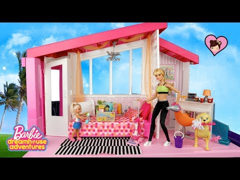 Barbie Dreamhouse Adventures Morning Cleaning Routine - Garage SALE!