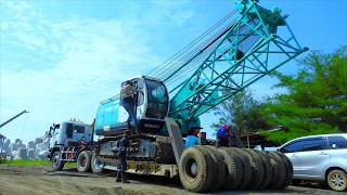 Proses Melepas Roda Dolly Truk Scania Dan Menurunkan Crane Kobelco 7055