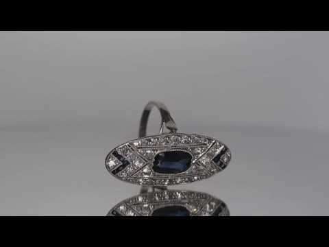 1920's - Platinum 1.50ct Center Sapphire & 1cttw Diamond Shield Ring with Intricate design work