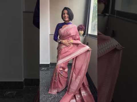 Rose Pink Handloom Tussar Saree with Silver-Tone Double Temple Border