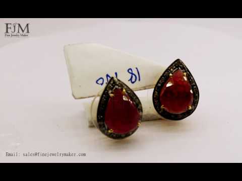 Wholesale Pave Diamond Pear Red Ruby Gemstone Studs Earring Jewelry JJ 19