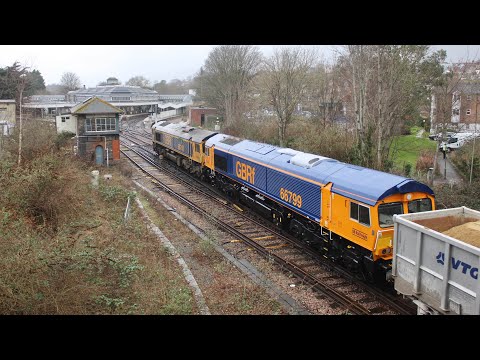 GBRf 66741 + Freshly painted 66799 pass Lewes working 6M26 - 3/2/22