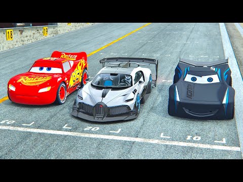 Bugatti Divo GTR vs Lightning McQueen vs Jackson Storm - Drag Race