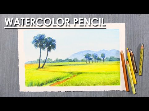 Watercolor Pencil Landscape Drawing Paddy Field | step by step