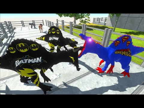 SUPERMAN SPINO VS 2X BATMAN SPINO & AQUAMAN MOSASAURUS DEATH RUN - Animal Revolt Battle Simulator