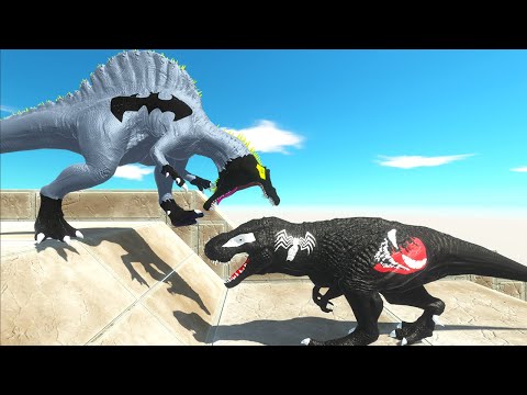 Jurassic World Speed Race 21 - BATMAN Spinosaurus VS VENOM T-rex - Animal Revolt Battle Simulator